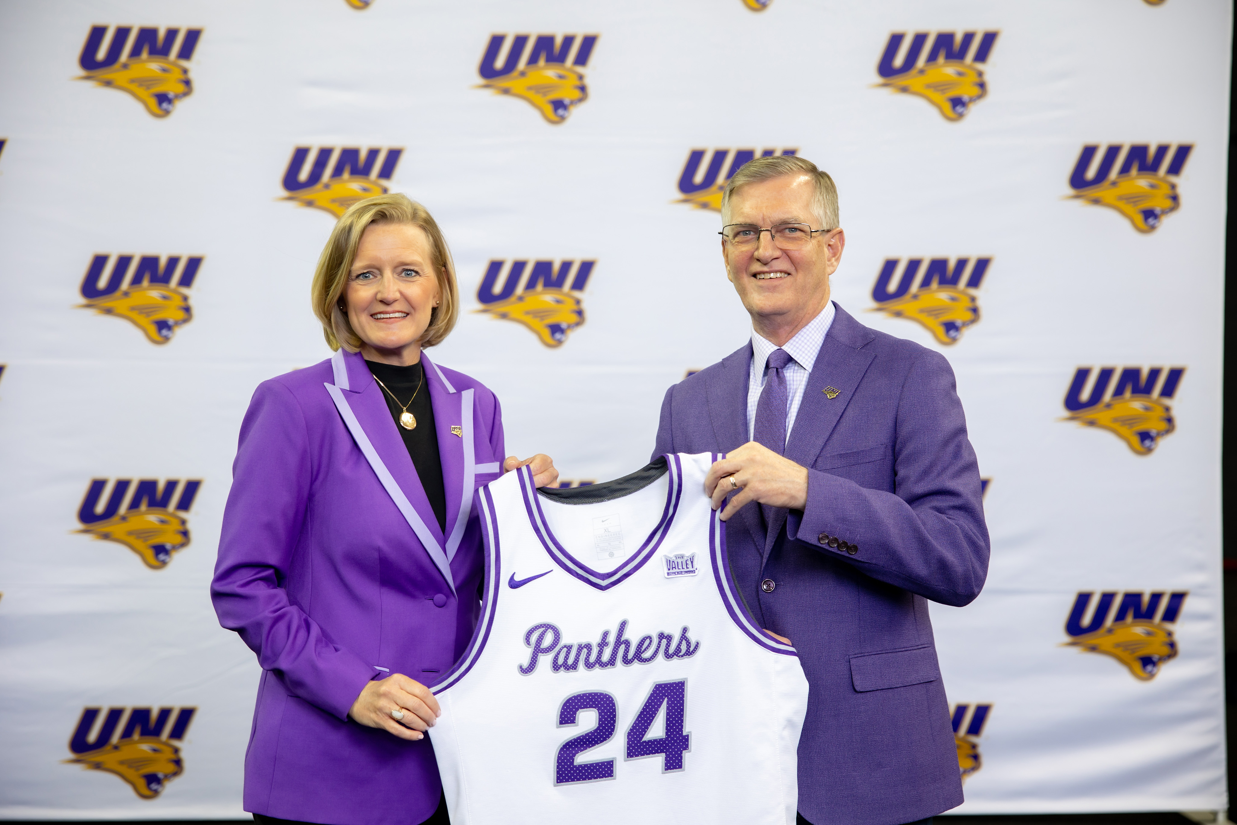 UNI Director of Athletics Megan Franklin poses for a photo with UNI President Mark Nook