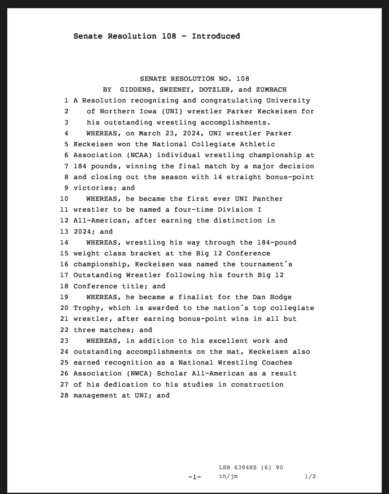 Senate resolution 108 introduced