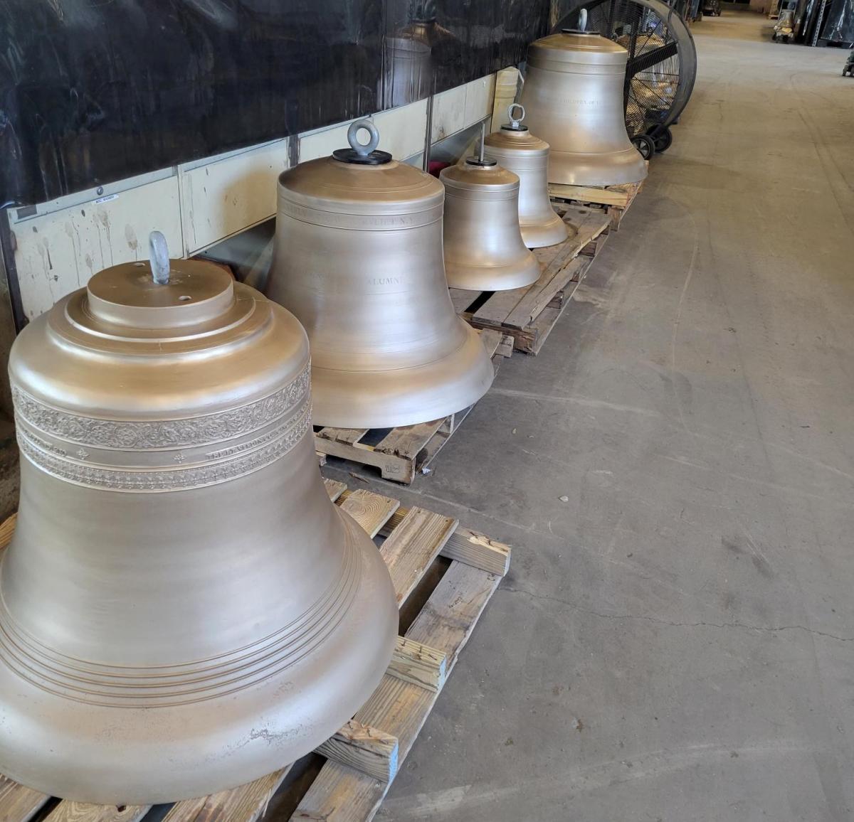 Carillon bells on wooden palettes