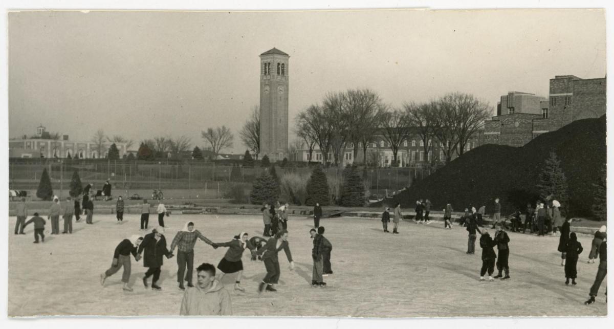 Students ice skating on Prexy's Pond on UNI campus