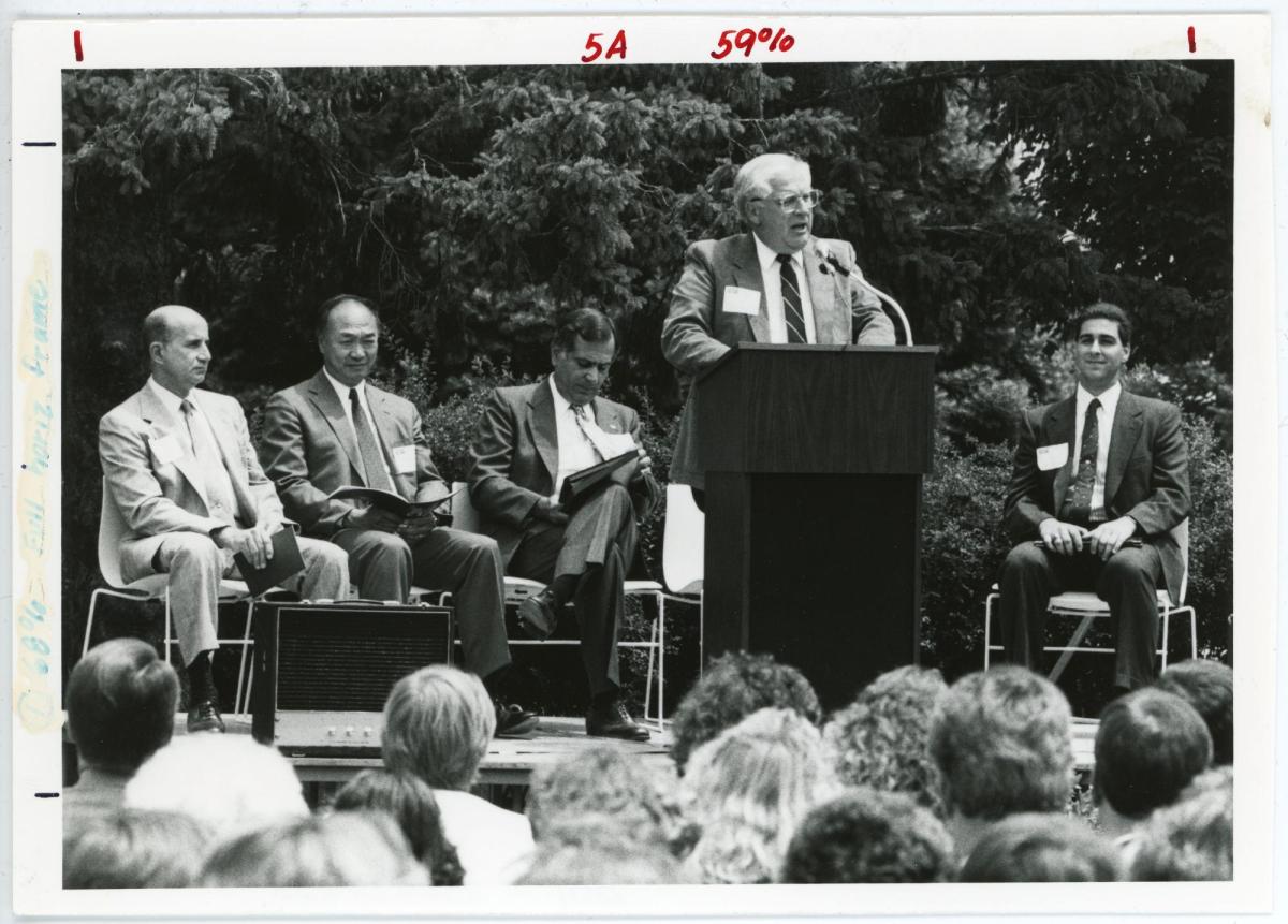 Press conference at opening of business building in 1990s