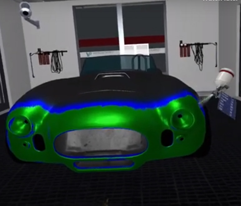 Spray coating a car green in virtual reality