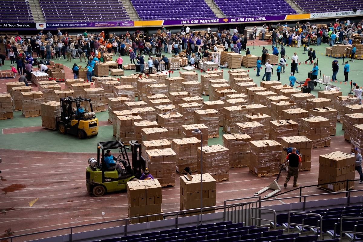 Boxes of food ready for Pack the Dome