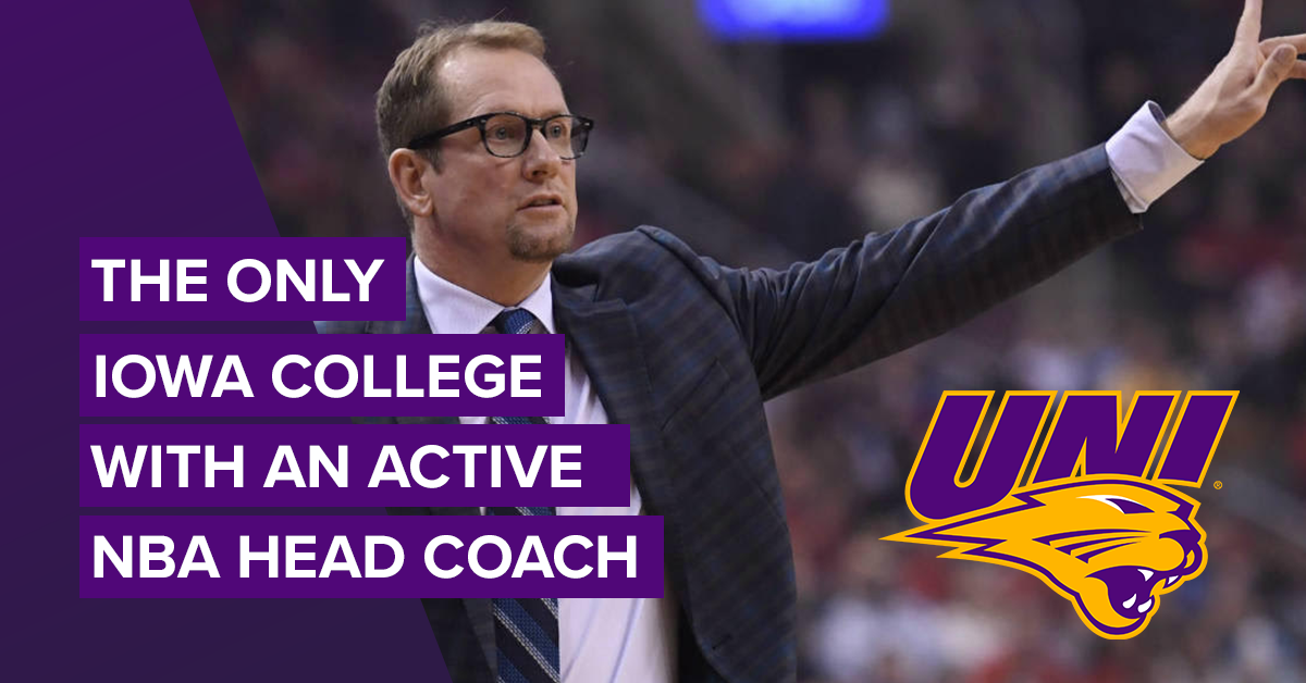 Photo of Nick Nurse with text &quot;The only Iowa college with an active NBA head coach&quot;