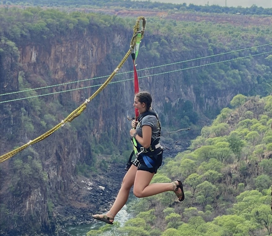Tatiana Schaapherder ziplining in Zambia