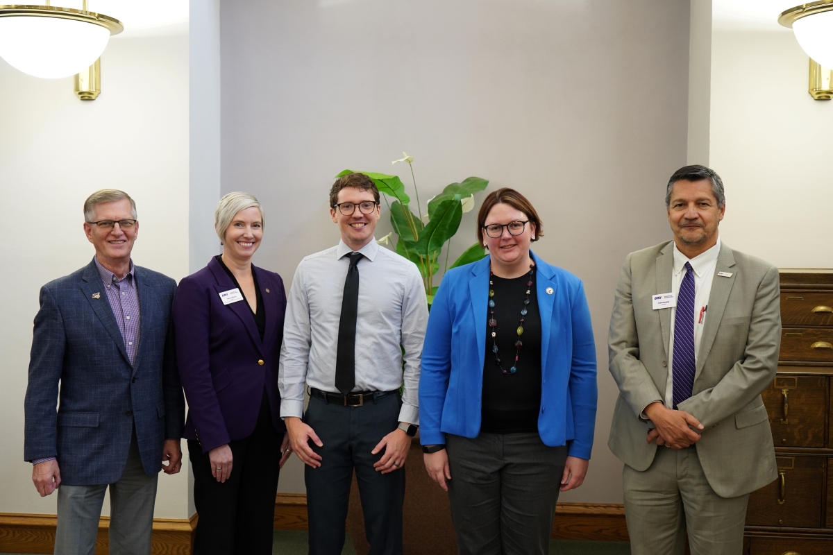 UNI President Mark Nook, UNI College of Humanities, Arts & Sciences Dean Mary Black, awardee Matthew McLellan, awardee Emily Borcherding, and UNI Provost José Herrera.
