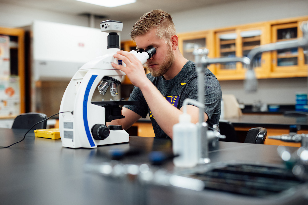 Student looking through microscope