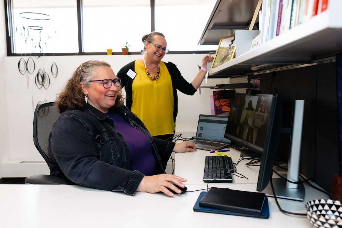 Megan Balong and Becky Wilson Hawbaker engaging with online class in secondary education MAT 