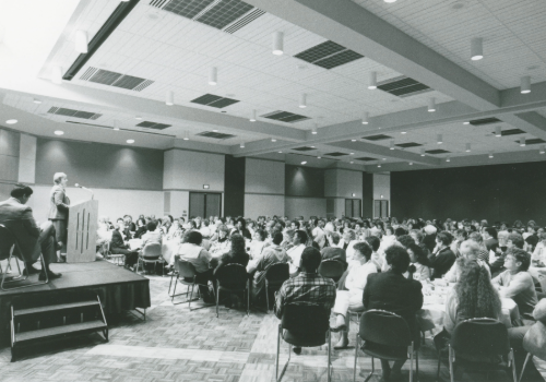 Sue Follon speaking at a podium to an audience