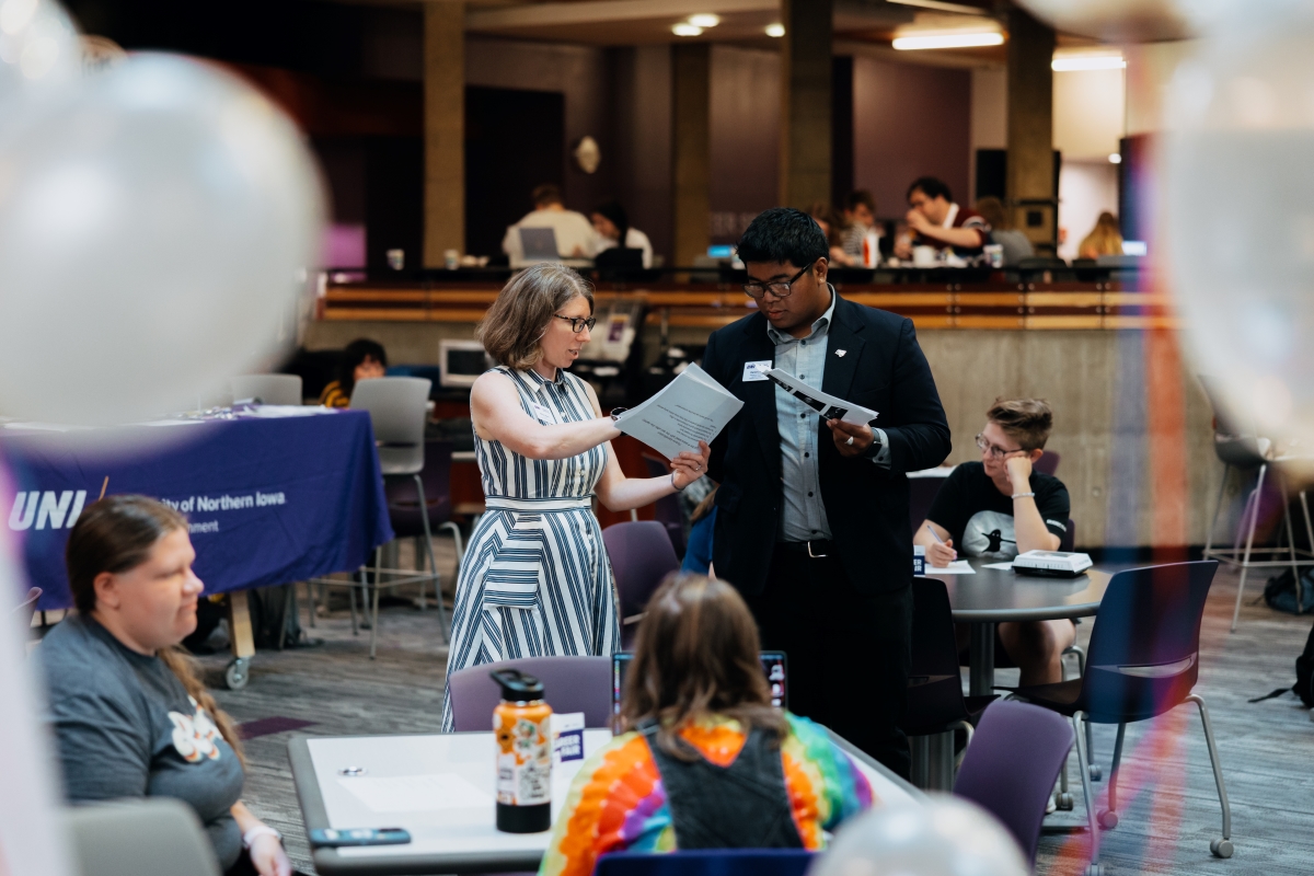 Allison Rank and student in Maucker Union