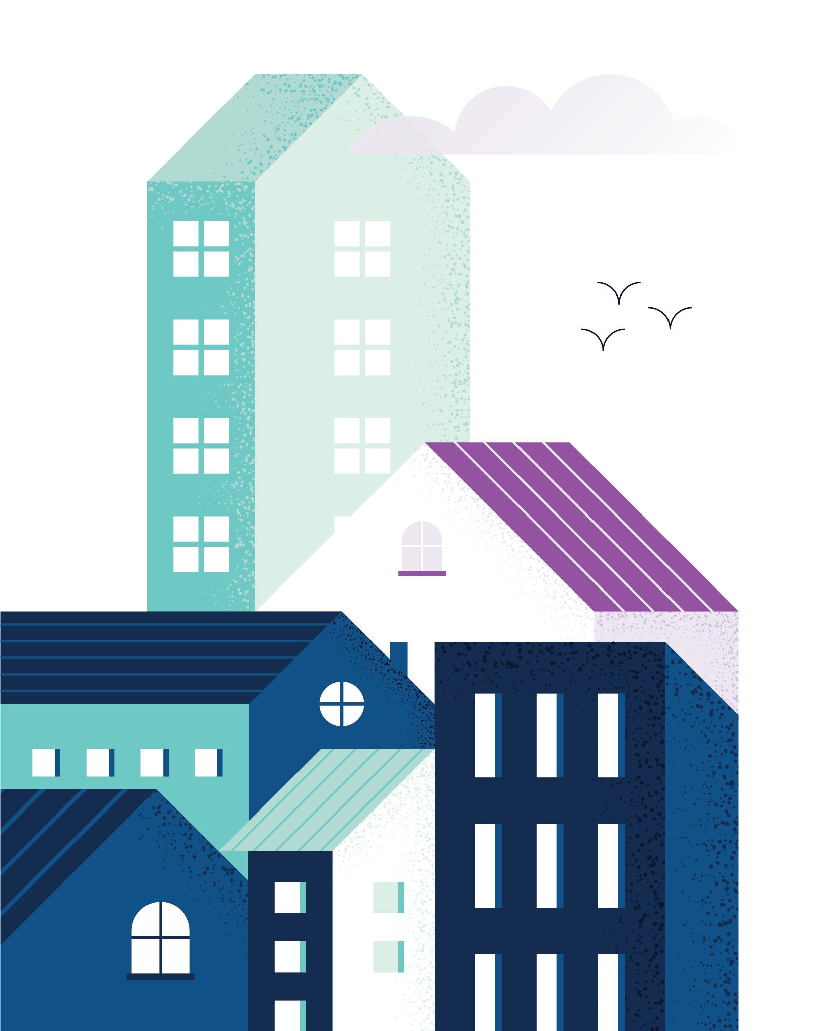 Illustration of colorful modern buildings in varying heights and shapes with blue, teal, and white tones under a textured sky with clouds, birds, and a purple sun.