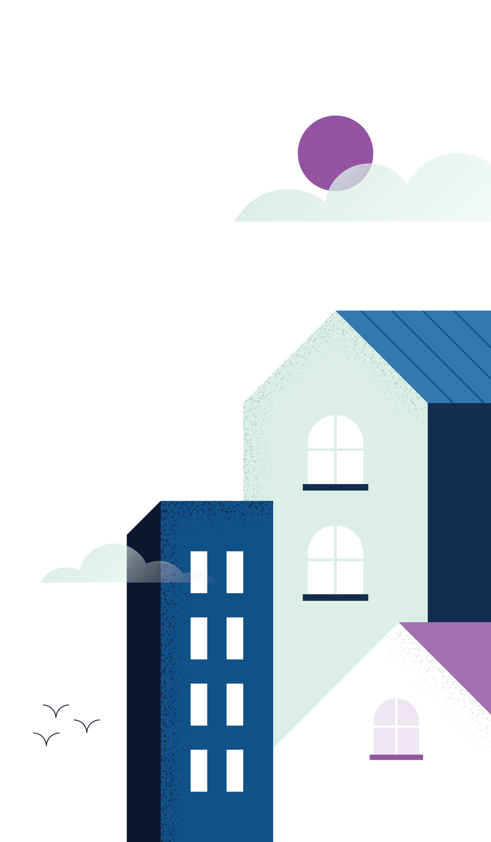 Illustration of colorful modern buildings in varying heights and shapes with blue, teal, and white tones under a textured sky with clouds, birds, and a purple sun.