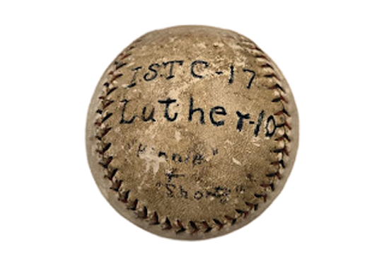 A vintage baseball with handwritten, "ISTC-17, Luther-10"