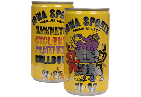 A 1981-82 beer can that says, "Iowa Sports Premium Beer. Hawkeyes, Cyclones, Panthers, Bulldogs." with illustrations of the mascots and the state of Iowa