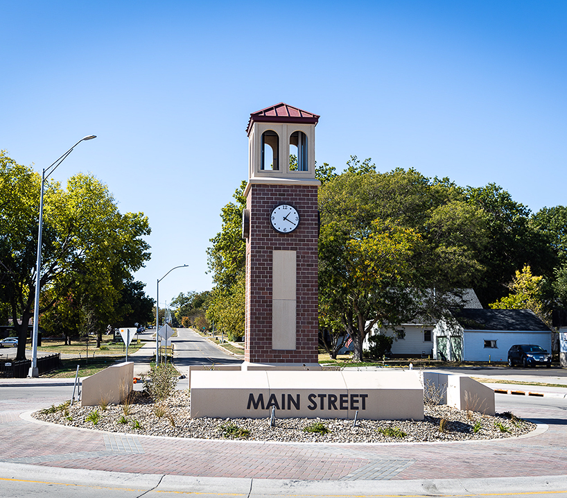 Miniature Campanile located in the roundabout of Main Street and Seerley Boulevard.