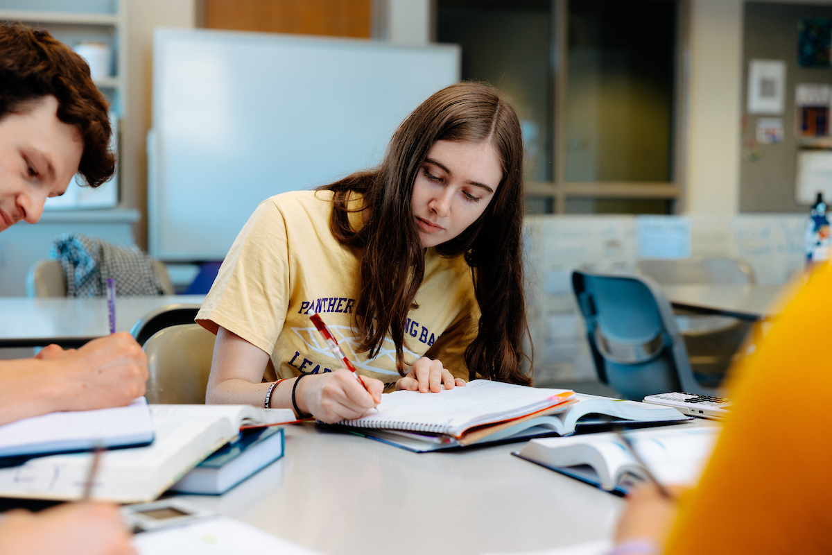 Student taking notes in textbook