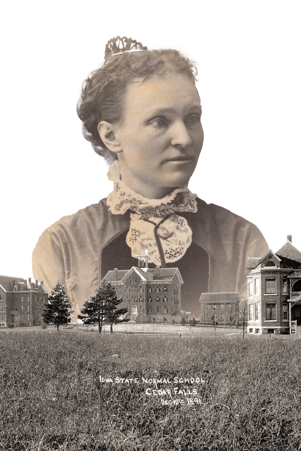 Laura Ensign with a photo of the Iowa State Normal School in 1891