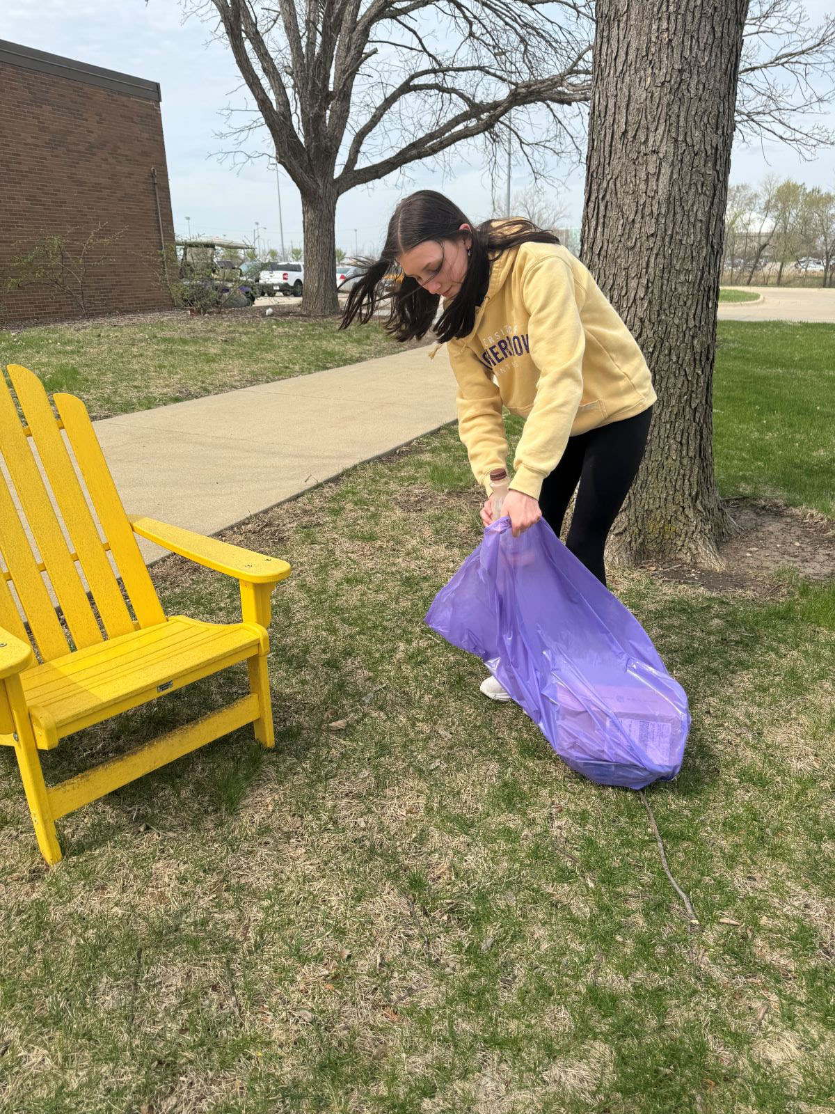 Student cleaning up trash on UNI campus with purple bag