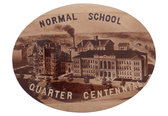 A pin with an early image of the Iowa State Normal School and the words, "Normal School Quarter Centennial"