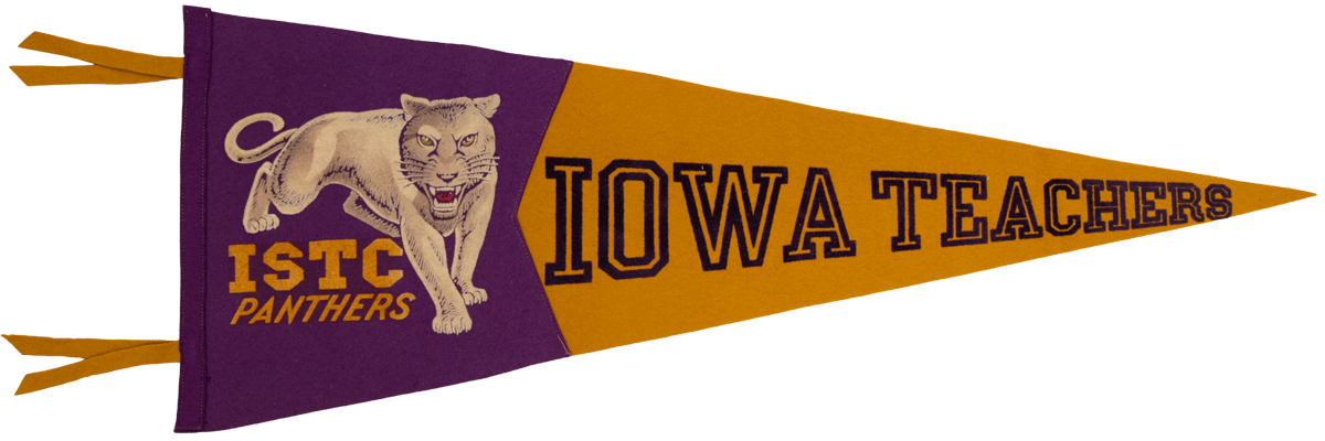A purple and gold pennant with a panther and the words Iowa Teachers big and ISTC Panthers