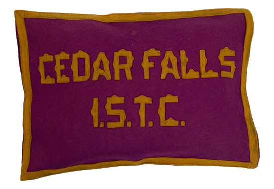 A purple & gold homemade wall hanger that reads, "Cedar Falls ISTC"