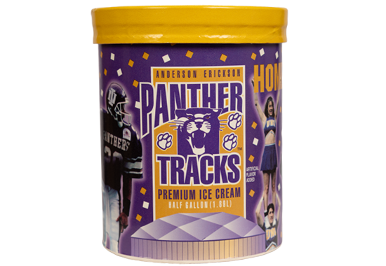 A purple and gold Panther Tracks premium ice cream half gallon with the UNI-Dome, a Panther football player and cheerleaders