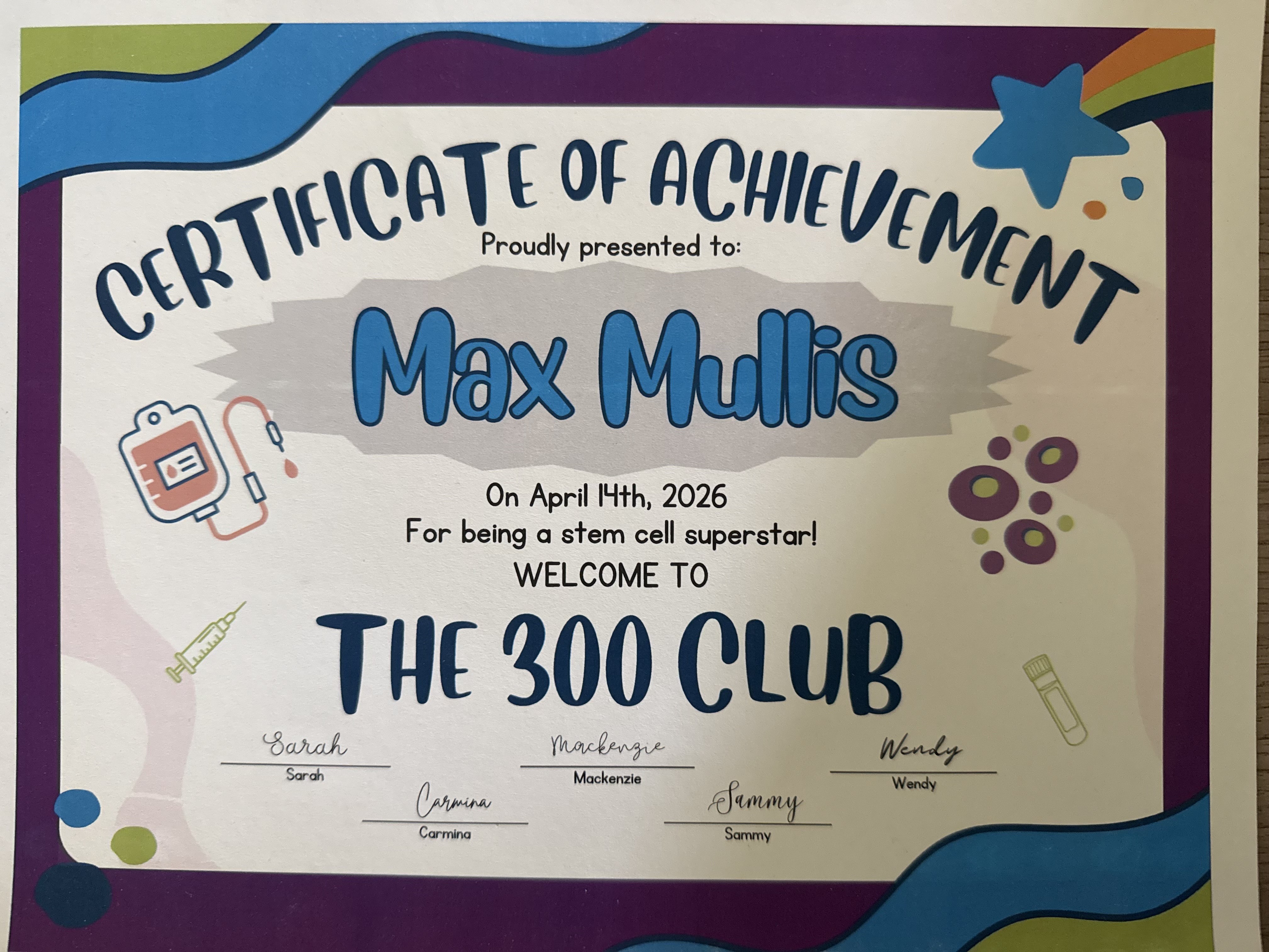 Max Mullis earned a certificate of achievement for his donation.