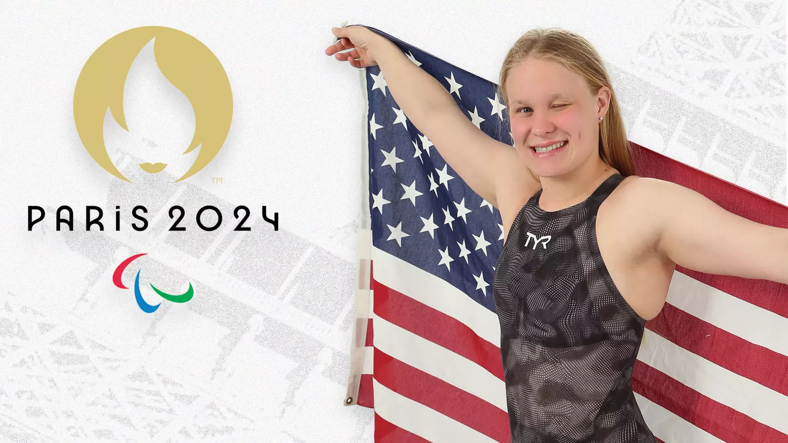 Olivia Chambers with American flag Paris 2024