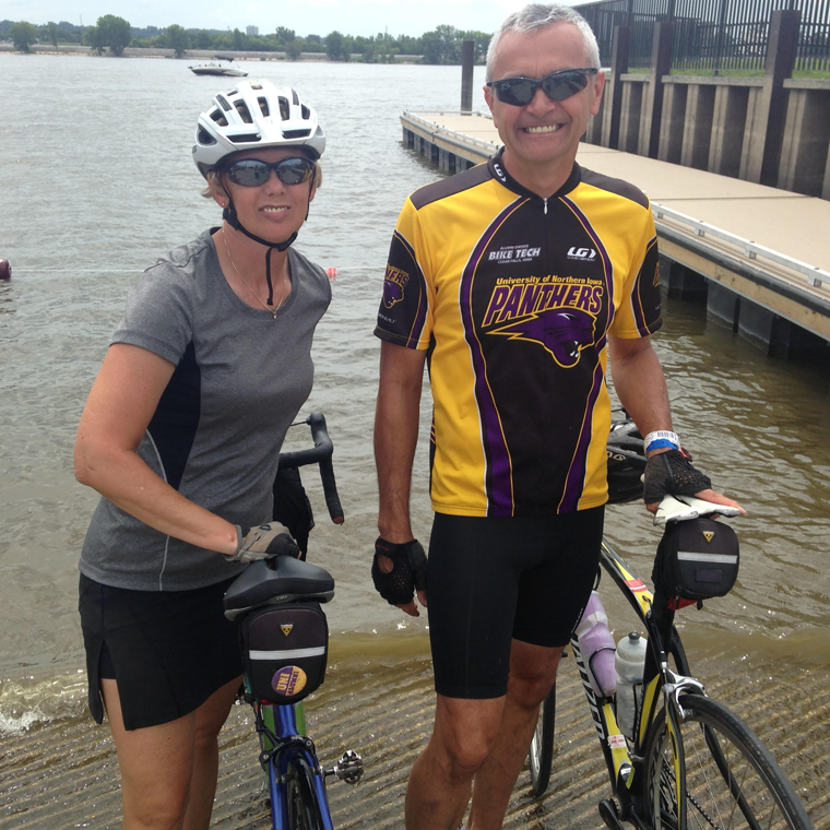 Mark and Sharon Hannasch out on a bike ride, repping UNI gear.