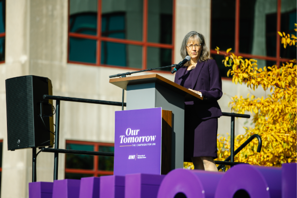 Leslie Wilson speaking during the announcement of David W. Wilson's donation.