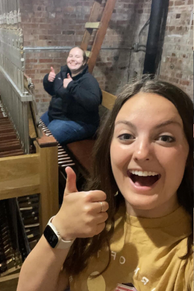 Emily Clouser and Jessica Carlson in the Campanile.