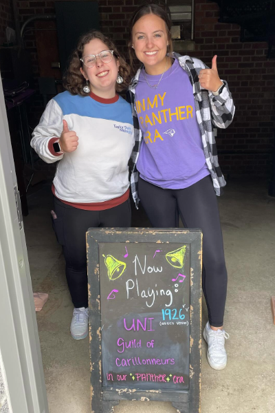 Caroline Schafer and Emily Clouser in the entrance of the Campanile.