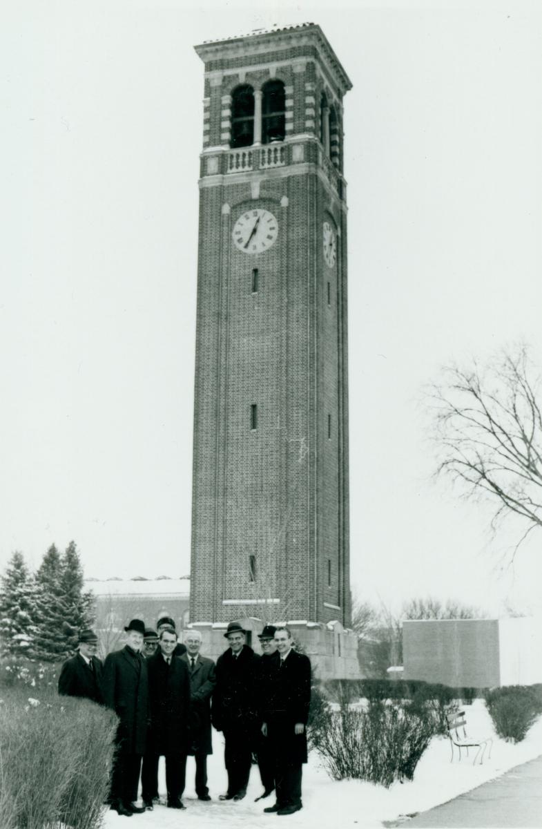 President Maucker and others at the base of the Campanile in 1968