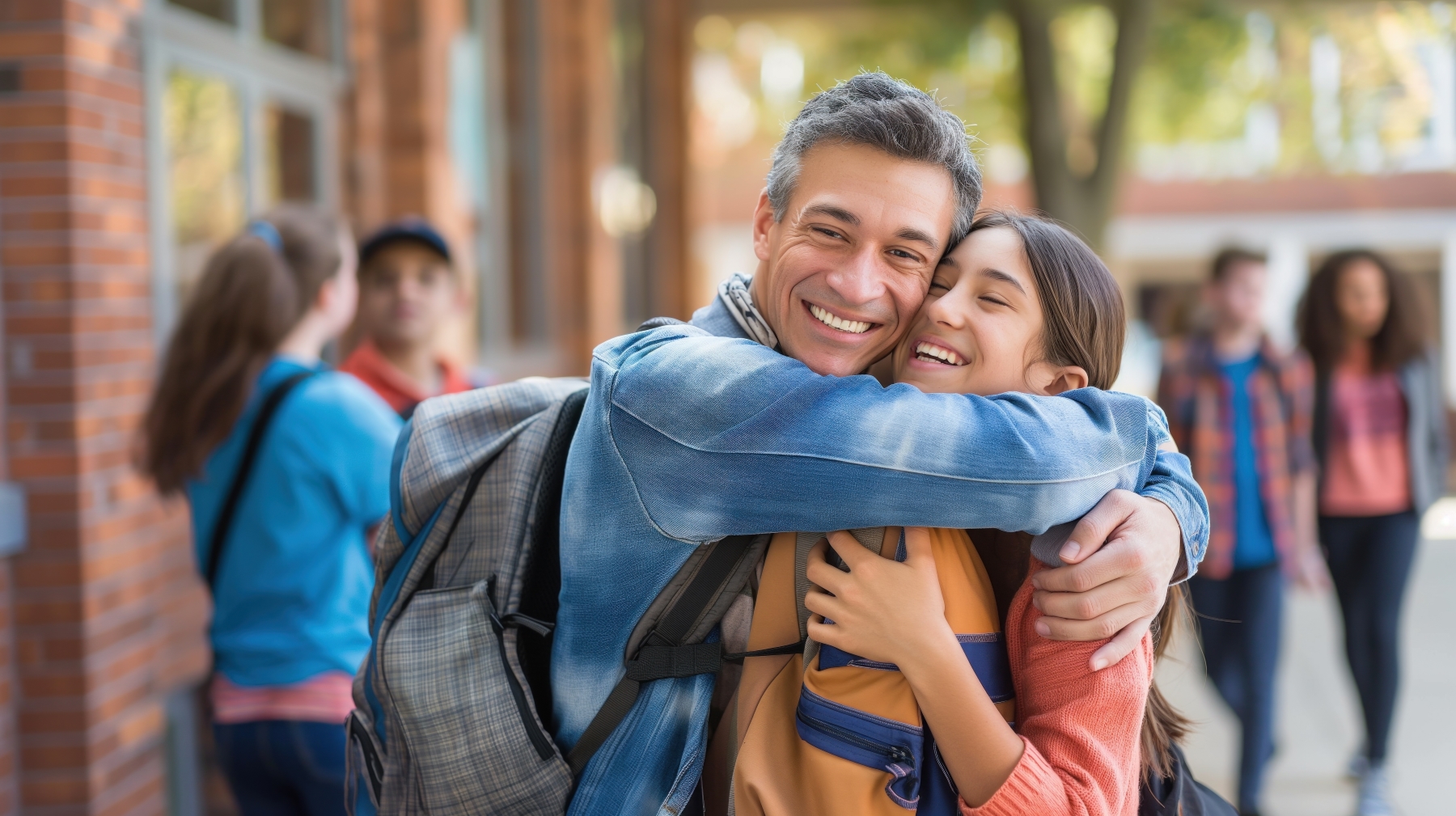 Dad hugging teenager on college campus