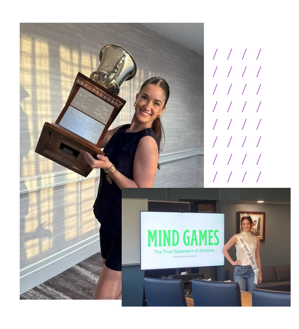 Photo collage of Kylie Ryder one photo is holding a first place trophy the other is in front of the mind games logo.