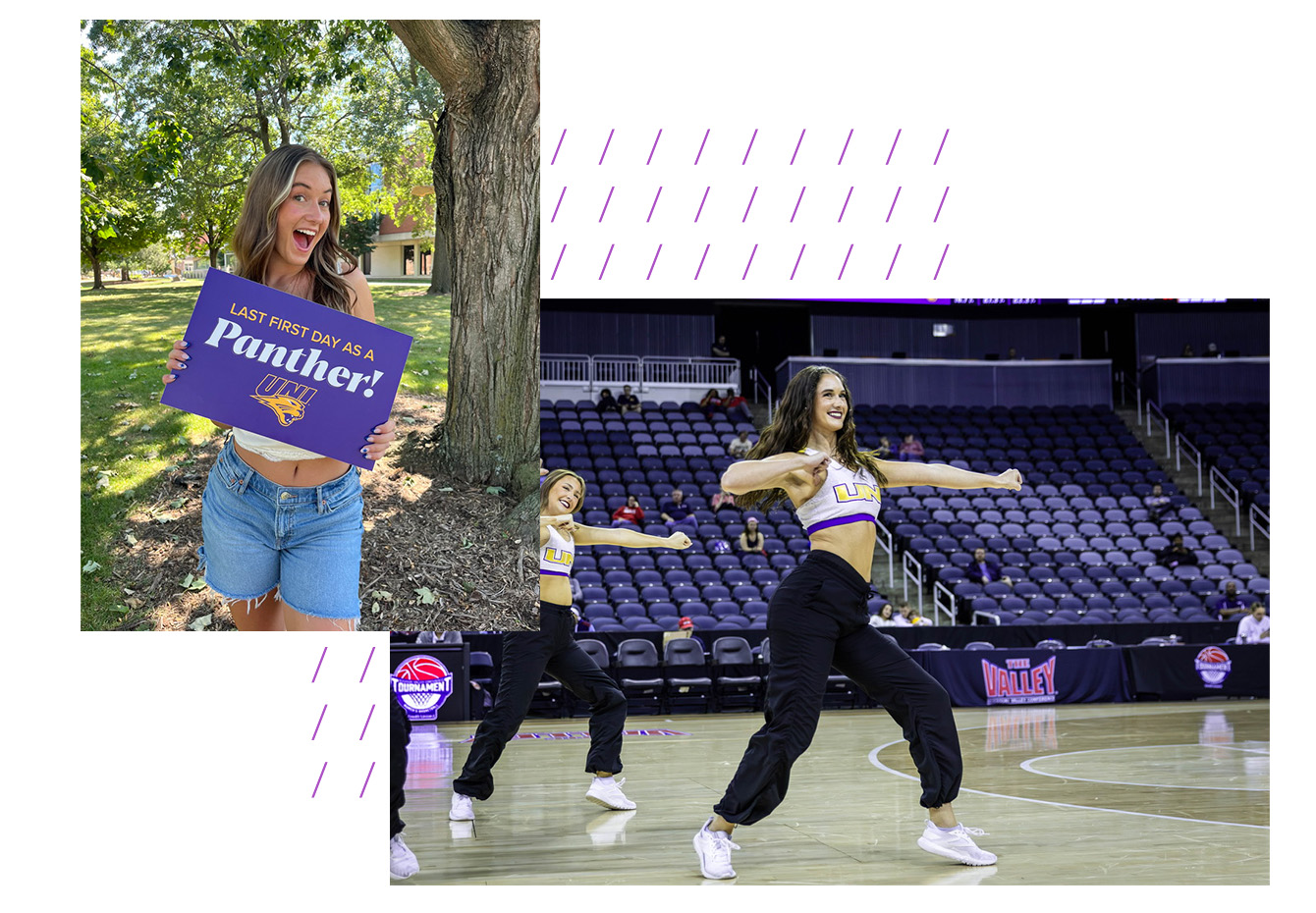Photo collage of Kylie Ryder one of her on the dance team, the other of her holding a panther sign.