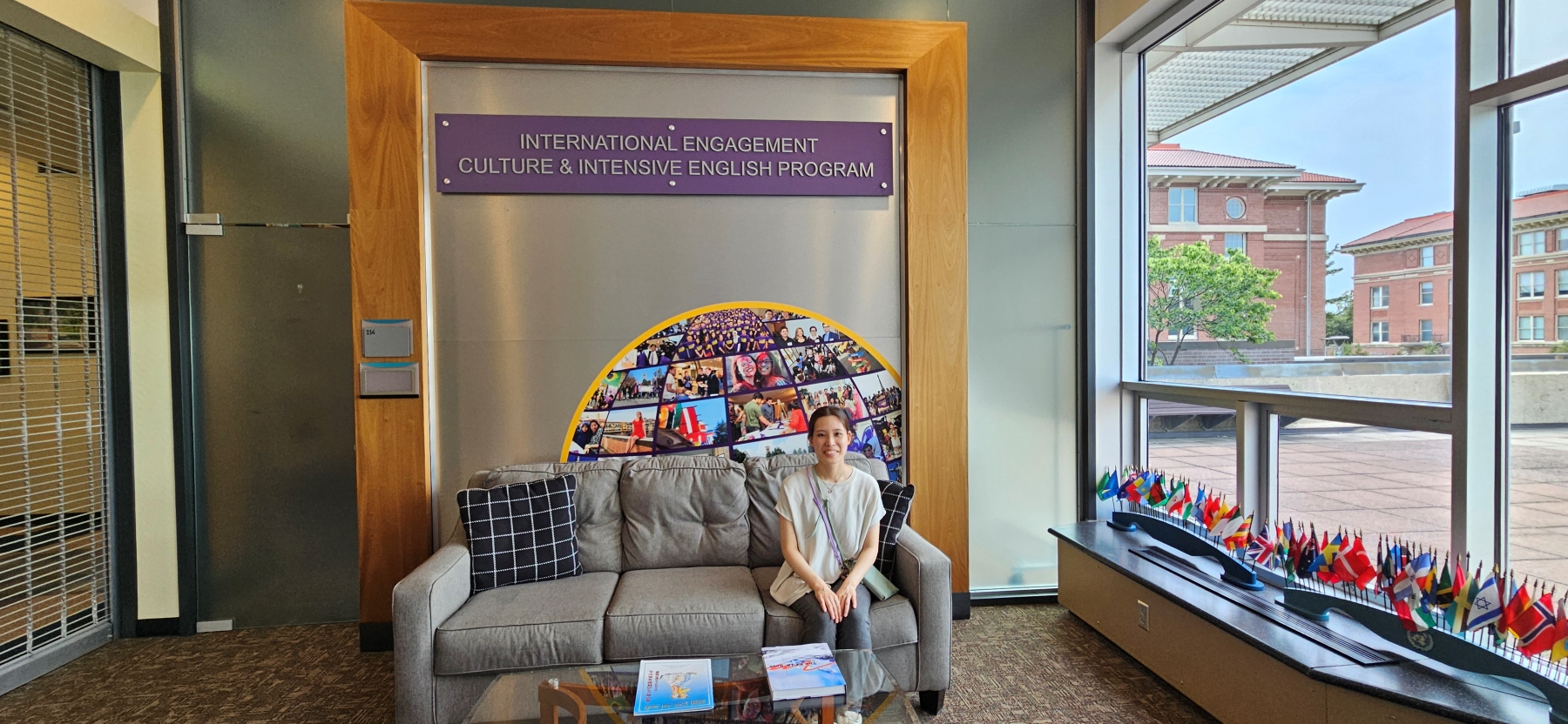 Maoko Umeda sitting in a lounge area for the Office of International Engagement