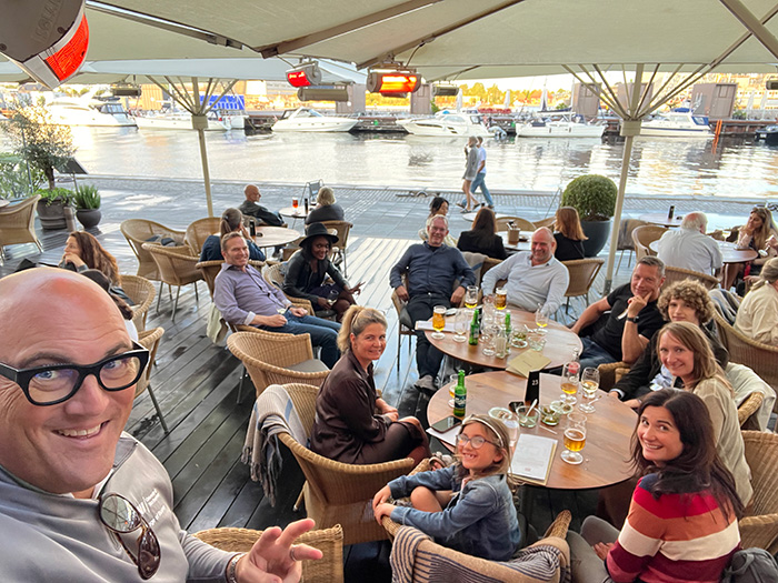 Marc Mitchell enjoying a dinner with his family and reconnecting with former Danish classmates during his latest trip to Denmark.