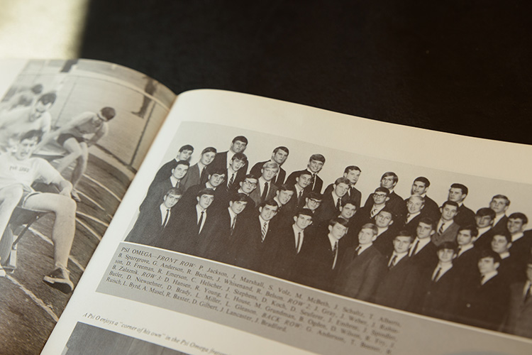 A young David Wilson pictured with UNI business classmates in a UNI yearbook