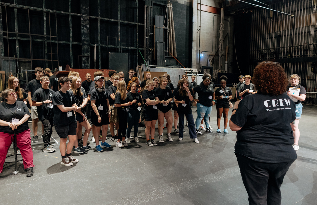 The Gallagher Bluedorn's Jennifer Onuigbo meets with high school students as part of the Science & Engineering in Theater Technology camp