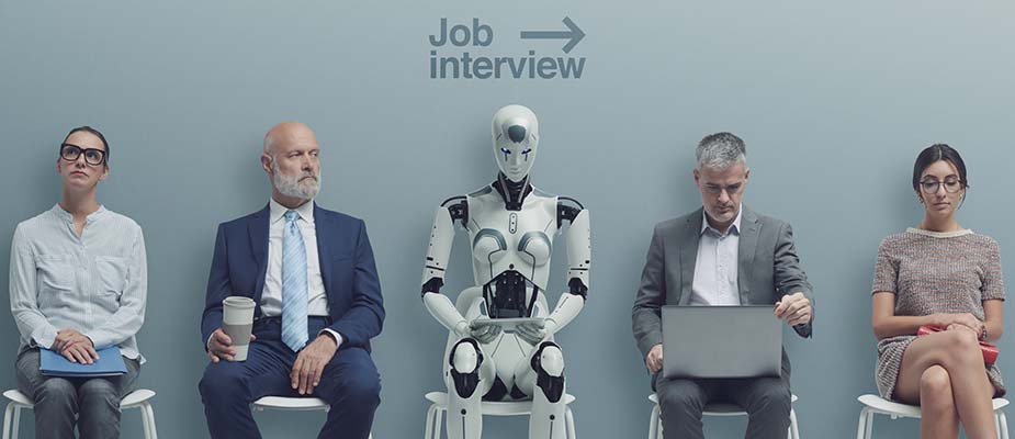 Robot and people waiting for a job interview