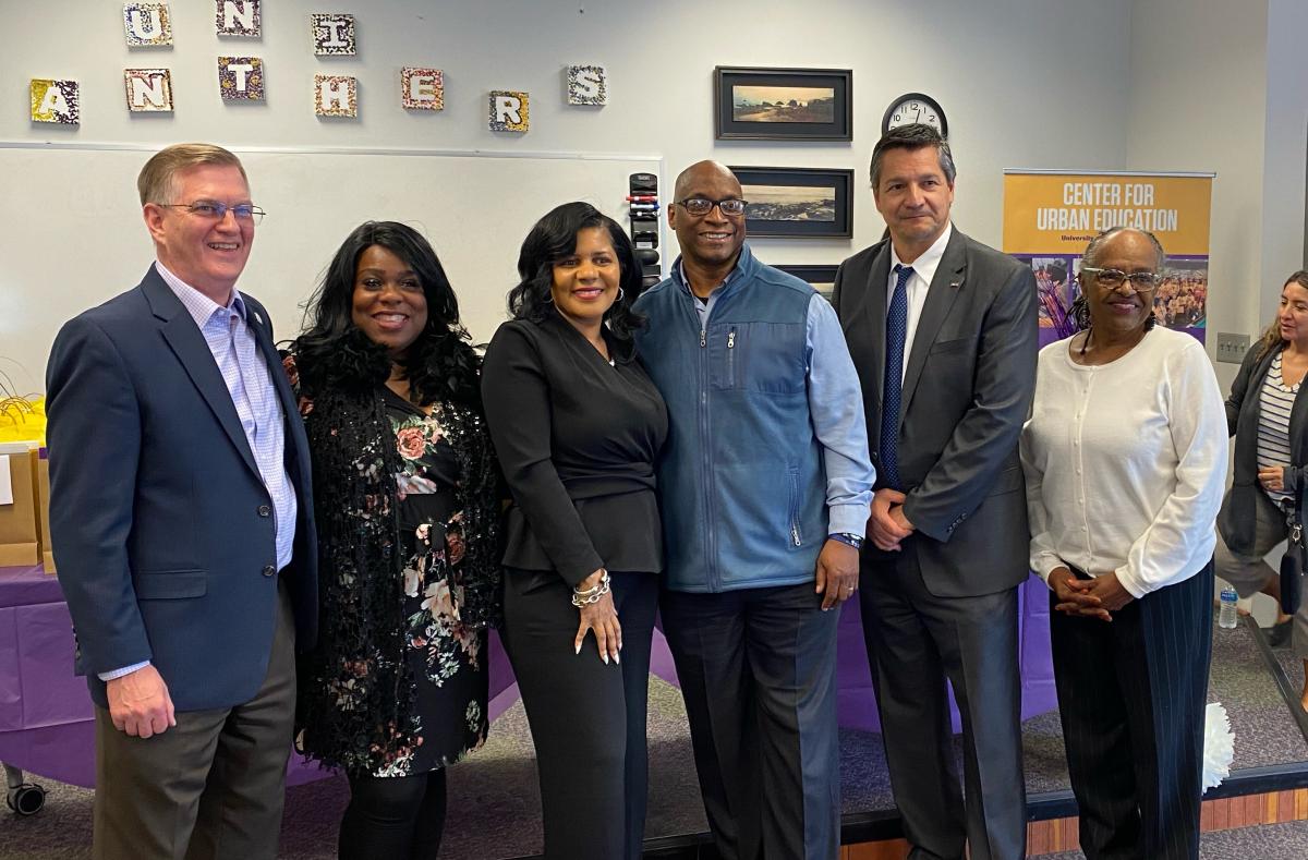 UNI President Mark Nook, Marcy Roundtree - Cedar Rapids Board of Education, Cedar Rapids Community School District Superintendent Tawana Grover, UNI-CUE Executive Director Robert Smith, UNI Provost Jose Herrera, Nancy Humbles - Cedar Rapids Board of Education