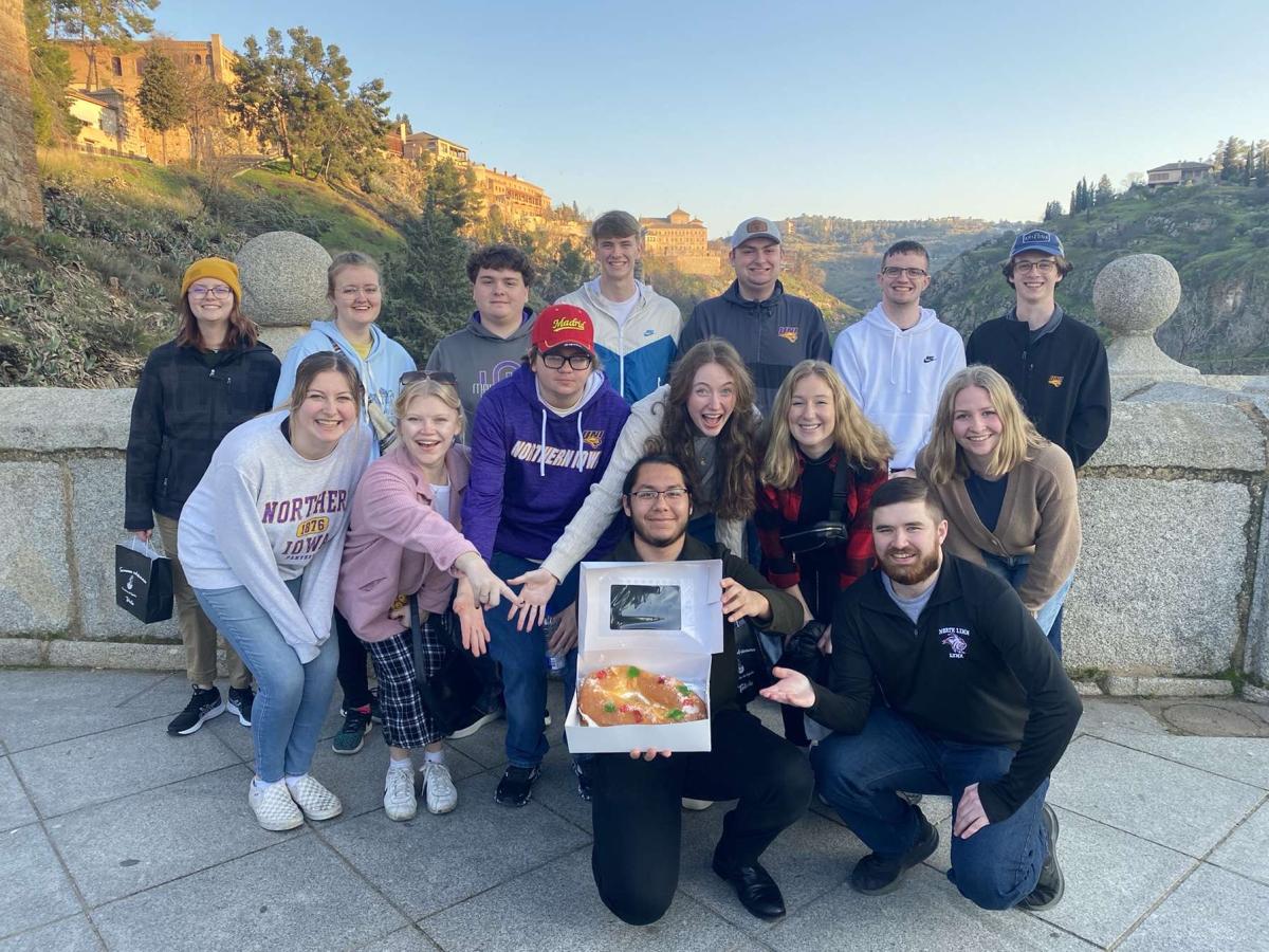 Panther Marching Band poses outside in Spain