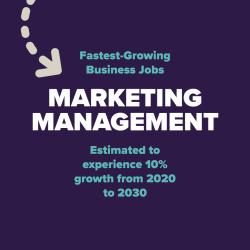 Fastest-growing business jobs include marketing management which is estimated to experience 10% growth between 2020 and 2030