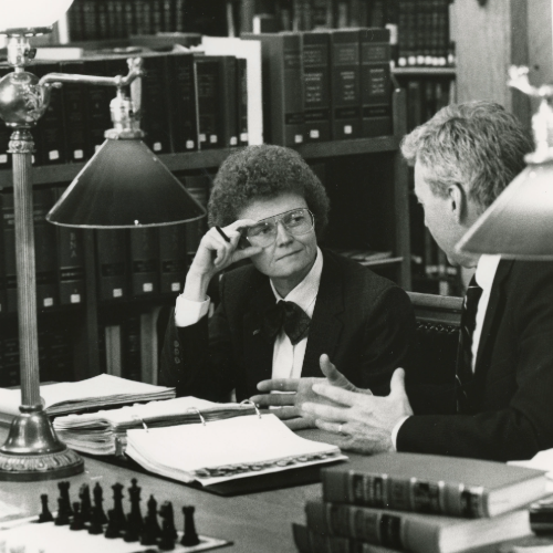 Patricia Geadelmann and Don Shoultz in the Law Library at the Iowa State Capitol in 1988.