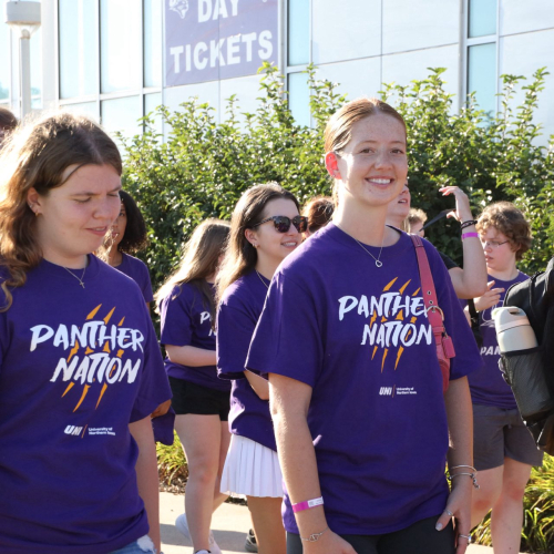 Students getting ready for class photo at Panther Welcome kickoff