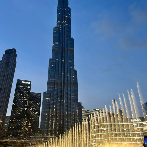 Dubai Fountain with the Burj Khalifa in the background.
