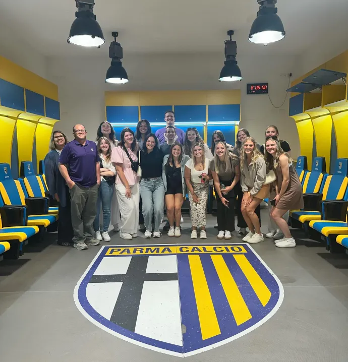 Group of students pose during Parma Calcio Soccer Club tour