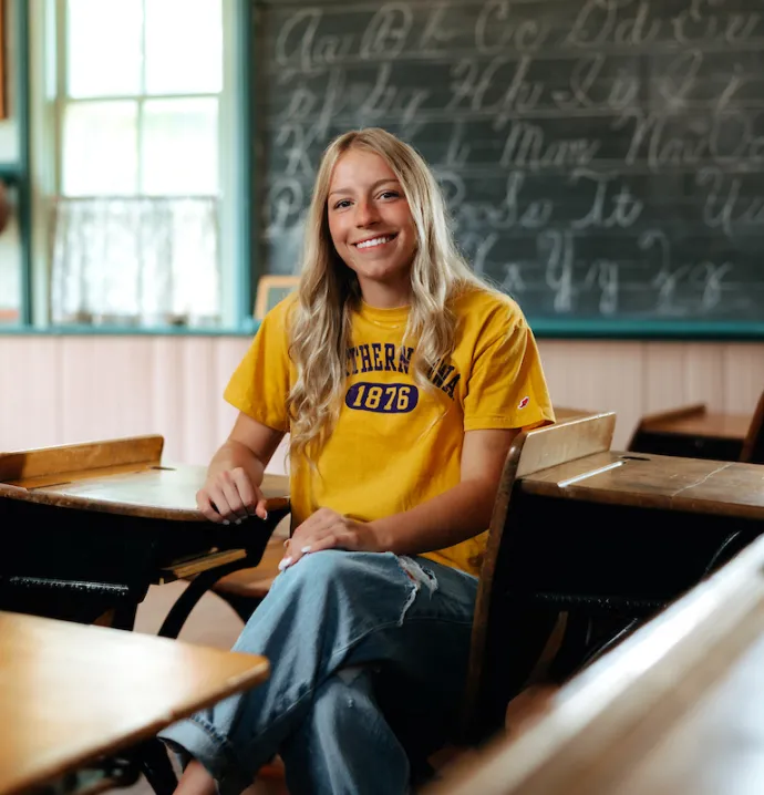 Incoming freshman Lucy Varney in Marshall School classroom