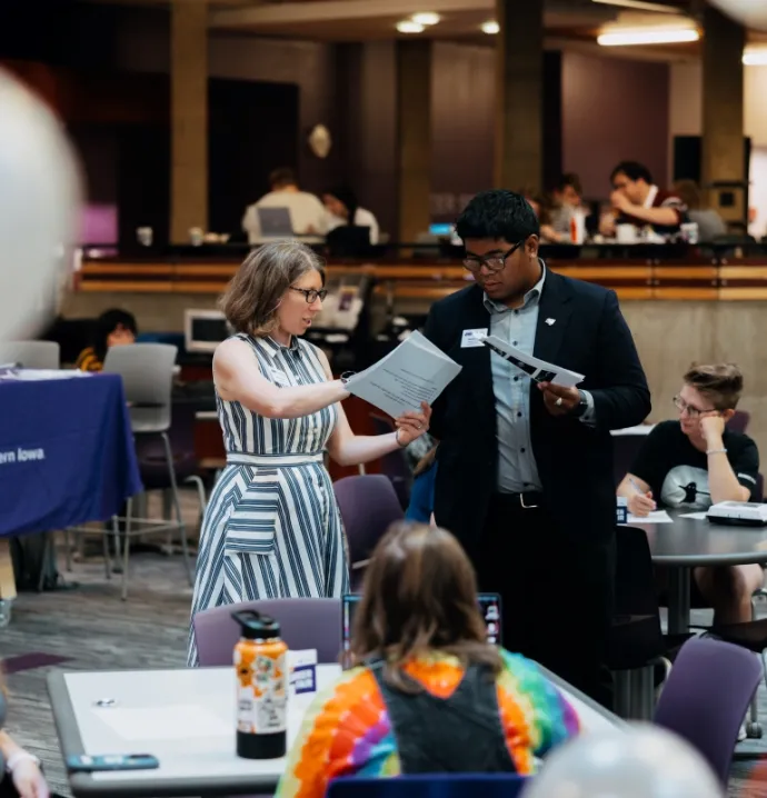 Allison Rank and student in Maucker Union
